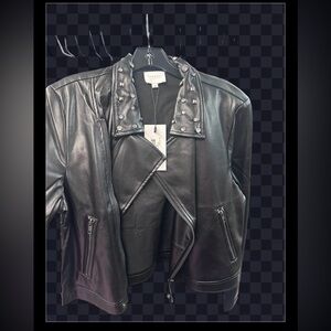 Sundays Black Leather Jacket with Studded Collar vegan leather
